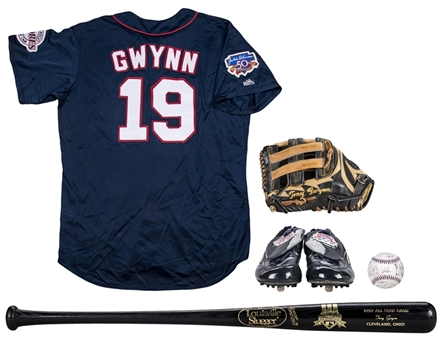 1997 Tony Gwynn MLB All-Star Game Ensemble Including Game Used Glove, Cleats, Practice Jersey, Commemorative Bat and NL Team Signed Baseball (Alicia Gwynn LOA & JSA)